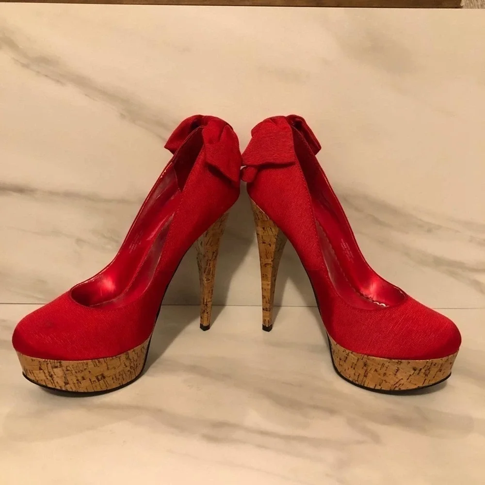 Bebe Stiletto High Heels Kahilia Ruby Red Size 8 Platform Cork Bow Formal